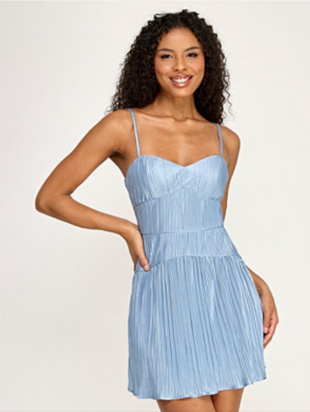Pleated Light Blue Spaghetti-Strap Mini Dress Sweetheart Neck Pleated Dress XS
